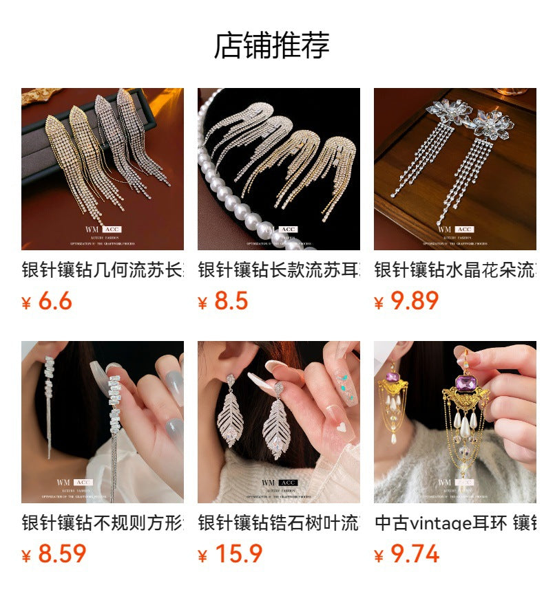 Silver Needle Inlaid Diamond Glass Tassel Earrings Fashion European and American Exaggerated Heavy Craft Stud Earrings Light Luxury High-end Niche Earrings for Women