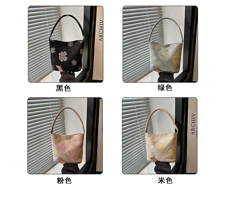 Lady's New Chinese Style Starlight Dream Tote Bag Black Shoulder Bag Embroidered Flower Vintage Handbag