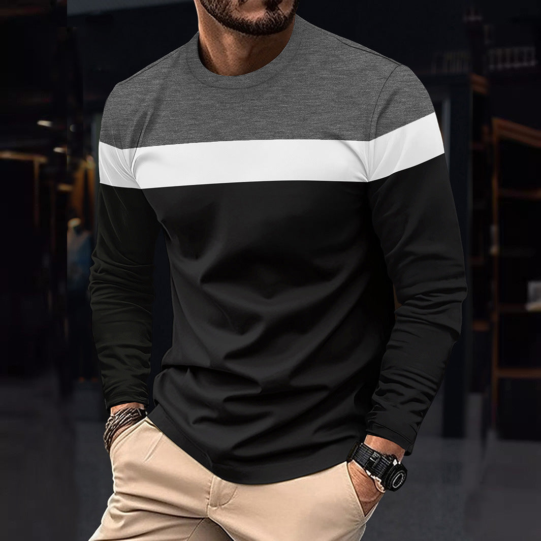 Cross-Border Trade Plus Size Autumn Winter Men's Crew Neck Long Sleeve Color Block Base Shirt Pullover Thin Long Sleeve T Men's T-shirt