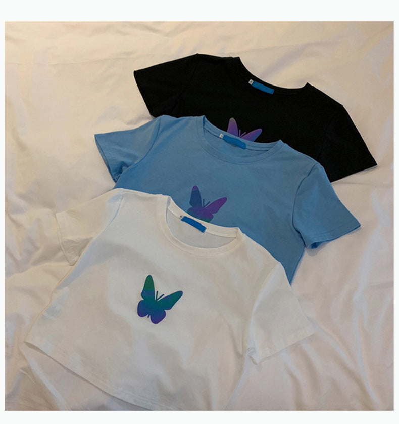 Summer2025New Year's Trendy Internet Celebrity Couple Outfit Reflective Butterfly Short Sleeve t Women's Summer T-shirt ins Super Popular Short Top