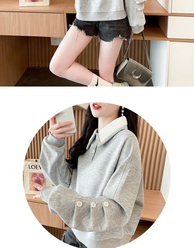 Contrast Color polo Women's Spring and Autumn Thin Sweatshirt2025New Loose Fit Short Design Top for Petite Figures