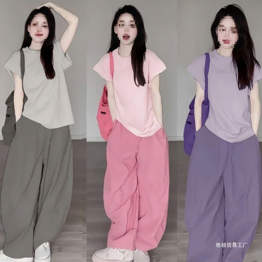 Summer Dopamine Full Set Shirt Wide-Leg Pants Two-Piece Set Lazy Style Fashion Casual Thin Suit for Petite Women