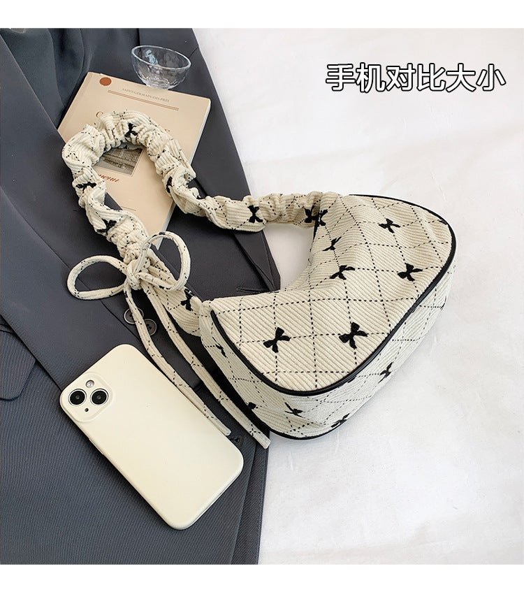Sweet Bow Plaid Single Shoulder Underarm Crescent Bag2024Autumn new simple casual large capacity handbag