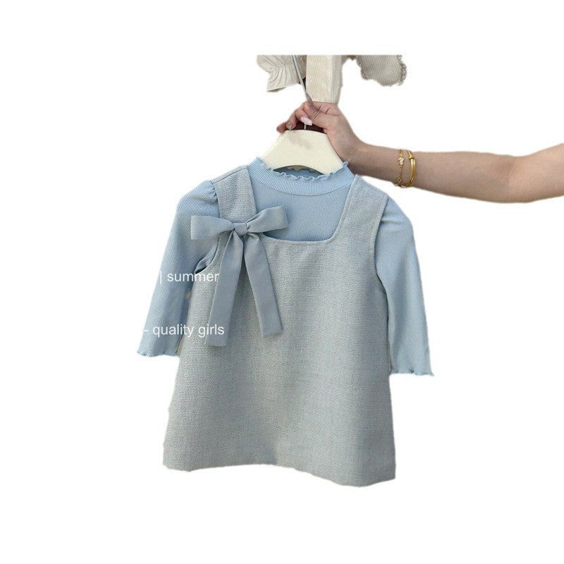 【Sweet Little Chef】Girls' Early Autumn Rolled Hem Base Shirt Bowknot Vest Dress Set Baby Little Chanel Two-Piece Trendy