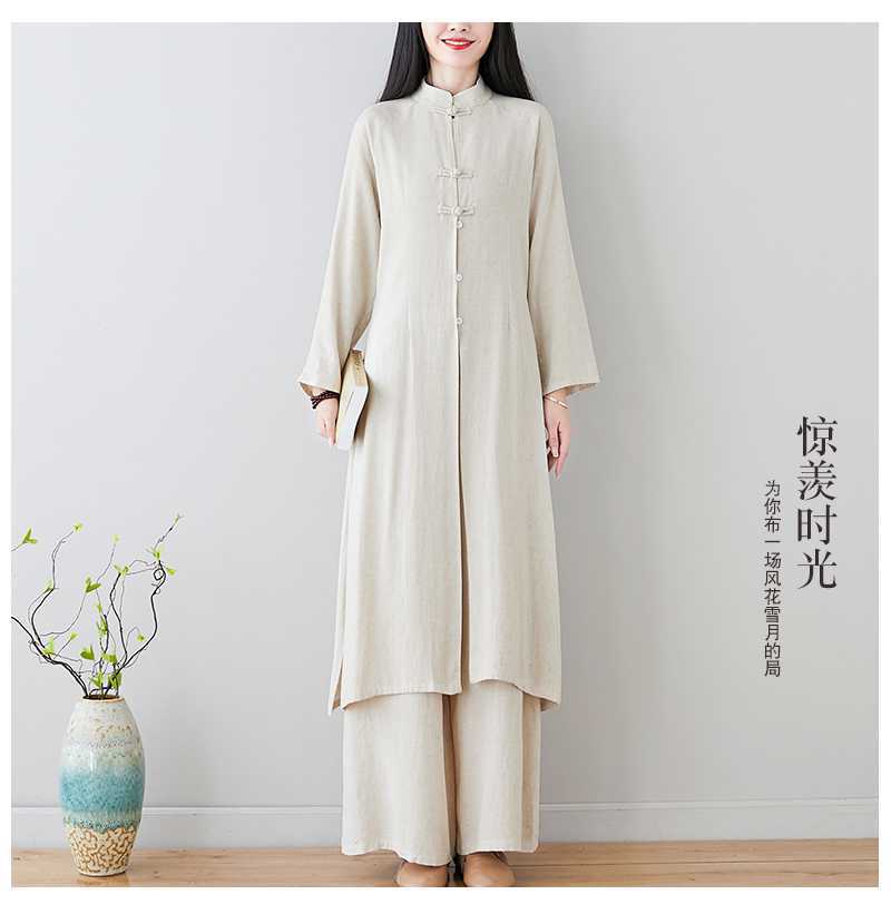 Real Shot 2024Linen Tea Clothing Spring and Autumn Zen Style Layperson Clothing Hanfu Chinese Style Tang Suit Set