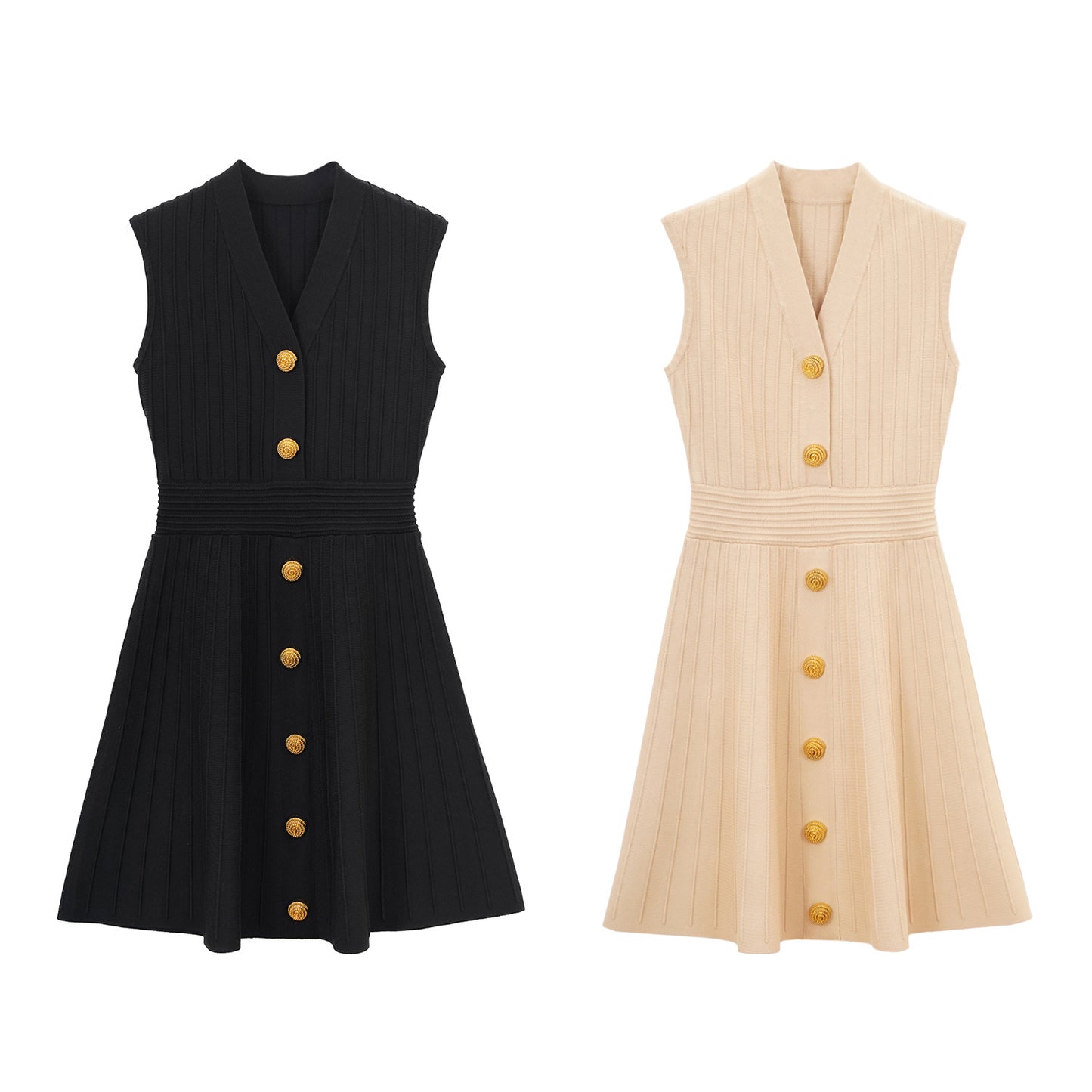 Amphiona2025New Style with a Sense of Luxury V Collar Sleeveless A Slim Fit Waist Cinching Gold Button Striped Knitted Dress