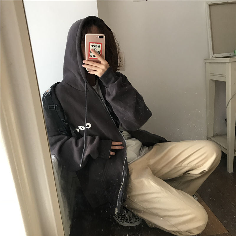 2025Autumn Winter New Couple Outfit Korean Style Printed Zipper Cardigan Hooded Fleece Sweatshirt Loose Fit Student Jacket for Women
