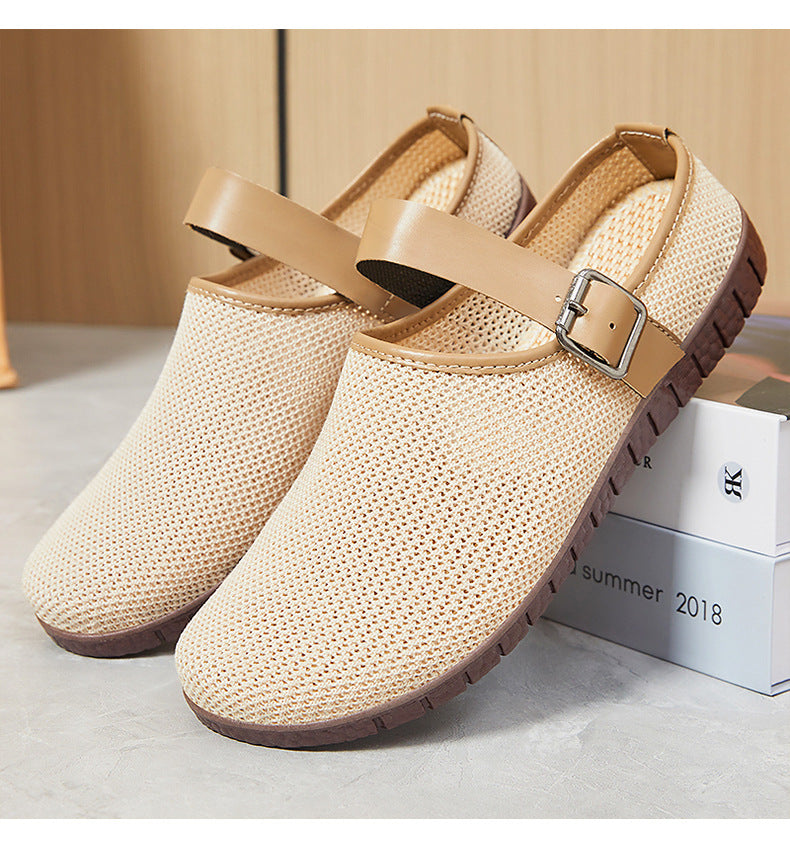 Shoes Women's Casual New Style Versatile Soft Sole Sandals insF French Style Women's Outdoor Slippers Flyknit Mesh Closed Toe Half Slipper