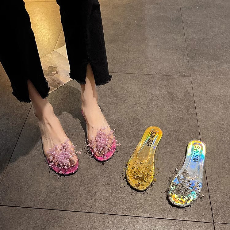 Sparkling Silver Transparent Beaded Closed-Toe Mules for Women2024Summer Internet Celebrity Super Popular Sandals Slippers