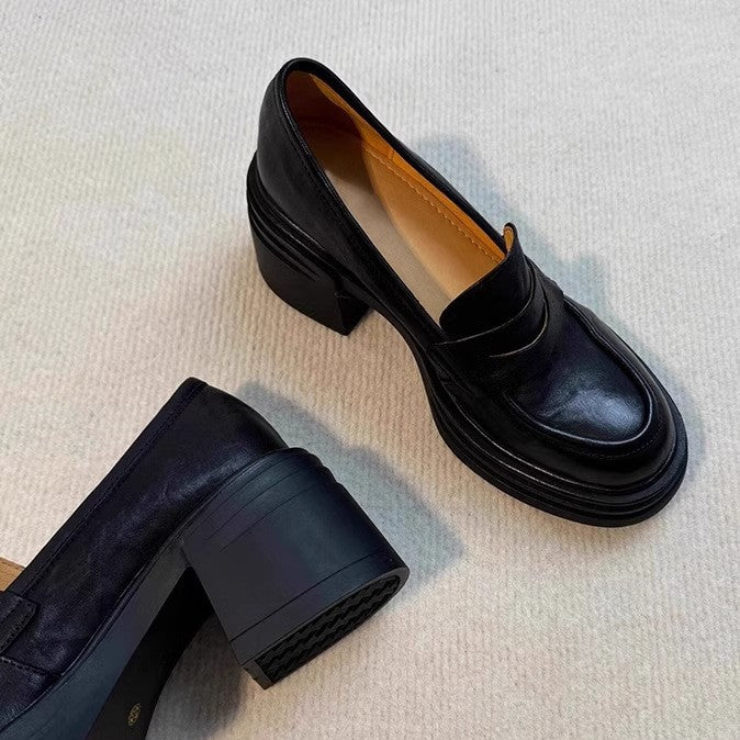 Soft Leather Version~Lancui Thick-Soled Chunky Heel Loafers for Women, Retro Style, Height-Increasing Slip-On Simple Leather Shoes for Petite Women