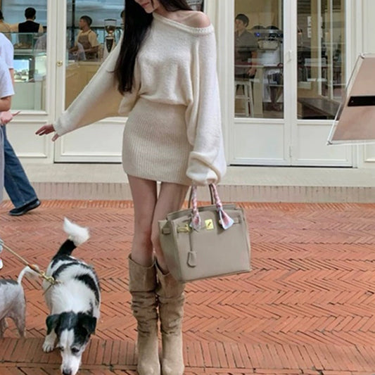 Korean Style Asymmetrical Shoulder Batwing Sleeve Sweater Dress for Women2025Autumn and Winter New Style Belted Elegant Hot Girl Bodycon Mini Dress