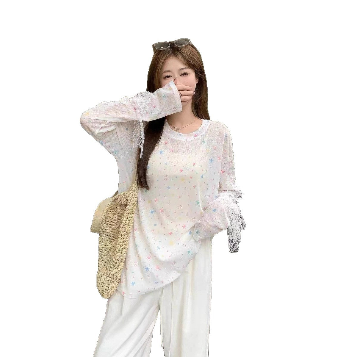 Dopamine Star Sun Protection Long Sleeve Knit Top Autumn2024New Loose Bowknot Design Niche Top