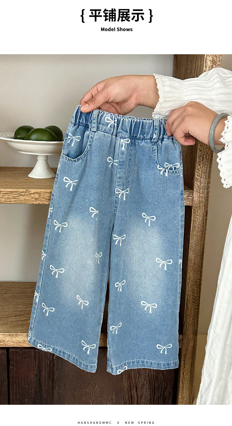 Girls' Pants Bowknot Print Jeans Wide Leg Straight2025Autumn New Fashionable and Stylish for Girls and Young Children