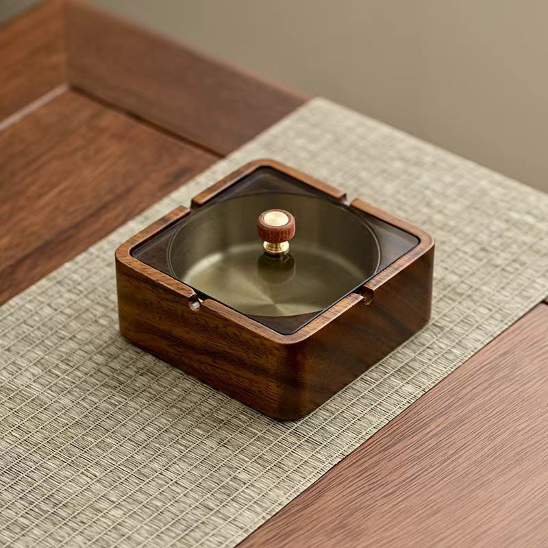 Walnut Ashtray for Home Living Room with Lid, Anti-Fly Ash, Stainless Steel Inner Liner, Creative Office Quality Ashtray