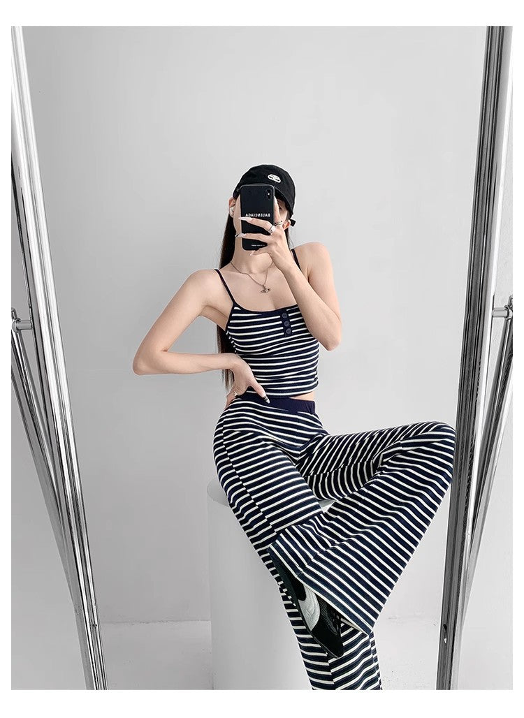 Home Lazy Relaxed Striped Slimming Wide-Leg Pants for Women Summer Hot Girl Fashion Camisole Vest Casual Two-Piece Set