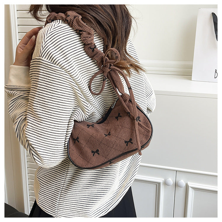 Sweet Bow Plaid Single Shoulder Underarm Crescent Bag2024Autumn new simple casual large capacity handbag