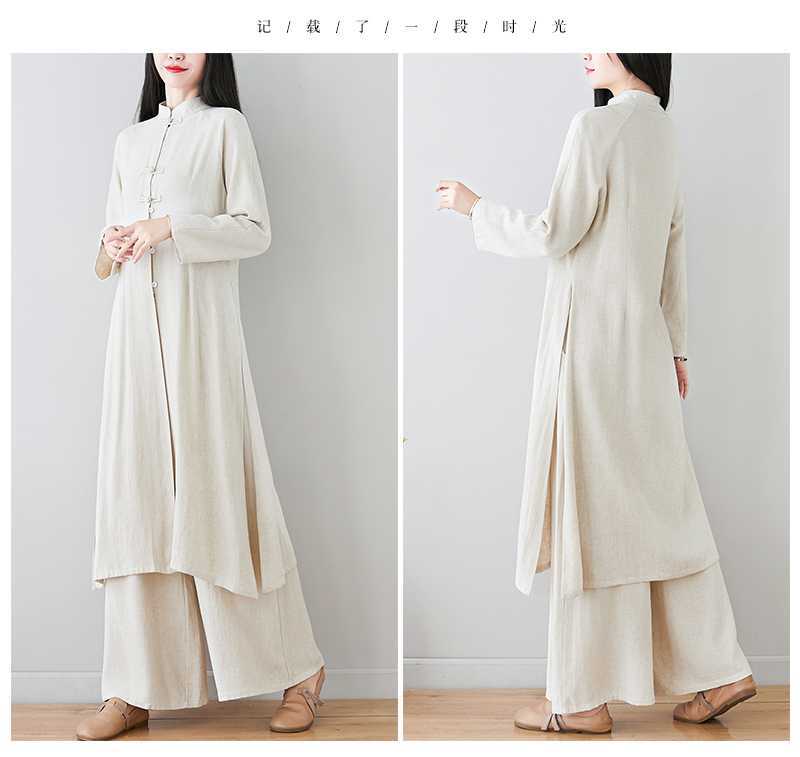 Real Shot 2024Linen Tea Clothing Spring and Autumn Zen Style Layperson Clothing Hanfu Chinese Style Tang Suit Set