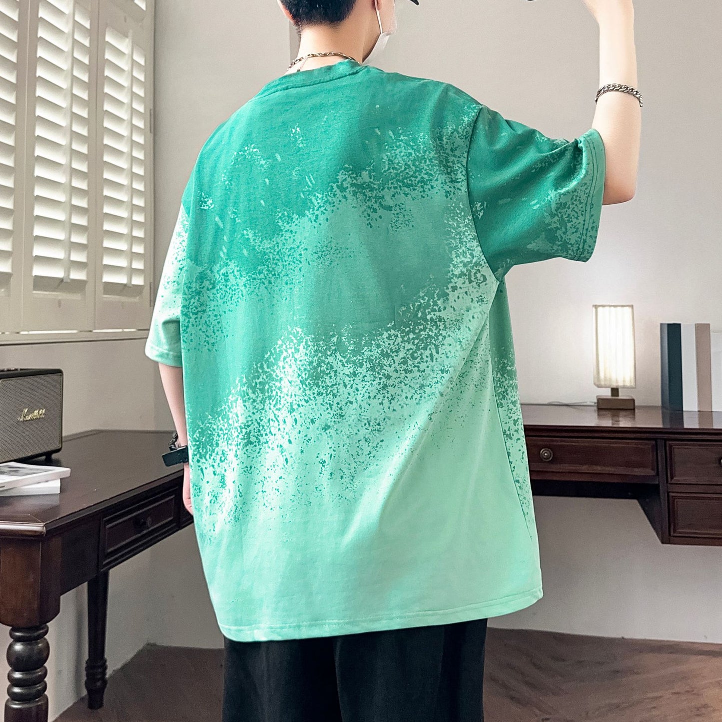 2025Summer New Men's Youth Casual Stylish Trendy Loose Short Sleeve T Shirt Gradient Color for Middle and High School Students