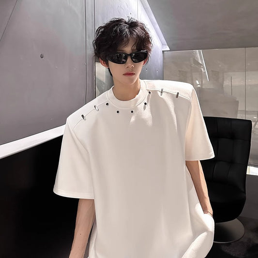 2025High-end Stylish Padded Shoulder Short Sleeve T Men's Summer Shirt with Unique Metal Decoration Design Heavyweight Top t T-shirt