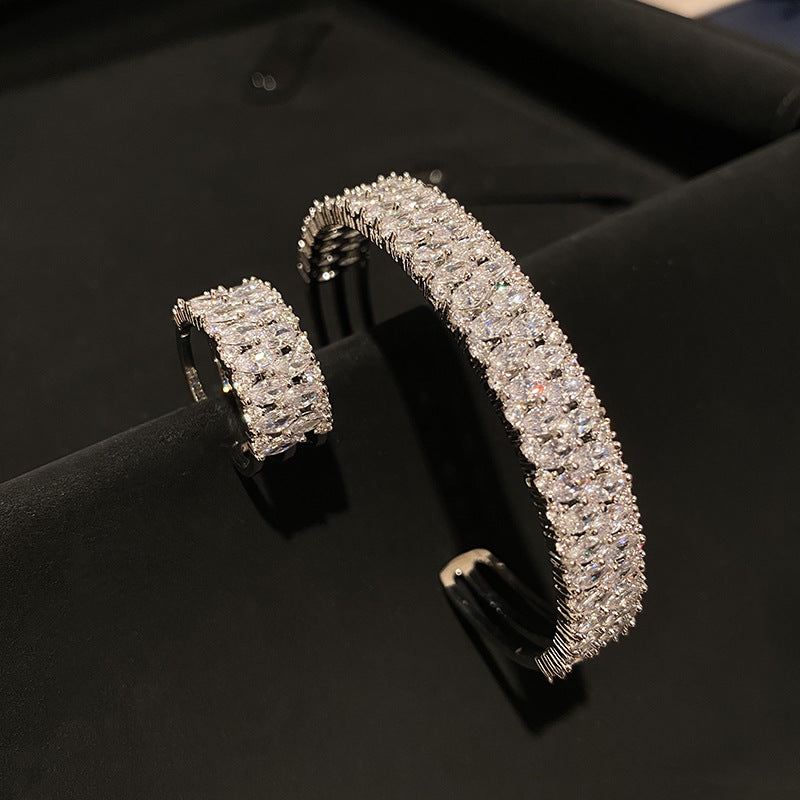 White gold Full Diamond Wide Band Row Diamond Bracelet Ring Narrow Band Simple Fashion Versatile Evening Party party Bracelet