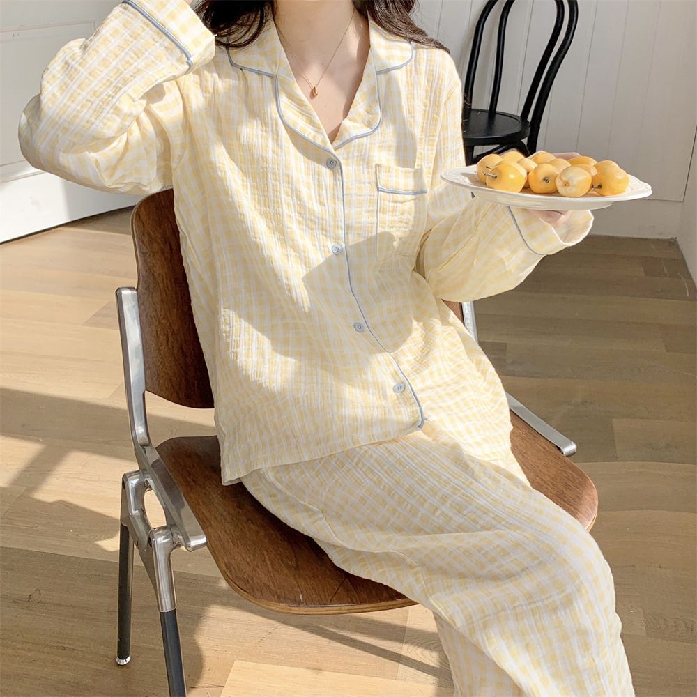 Spring and Autumn Japanese Style ins Color-Block Plaid Couple Pajamas for Women, Simple Outerwear, Cute Long-Sleeve Homewear, Men's Set