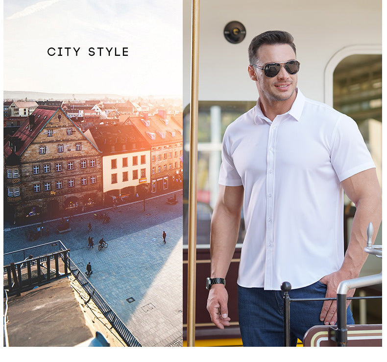 Plus Size Men's Clothing Fat Guy Summer Thin Short Sleeve Shirt Fat Brother Business Casual Loose Slightly Elastic Solid Color Professional Shirt