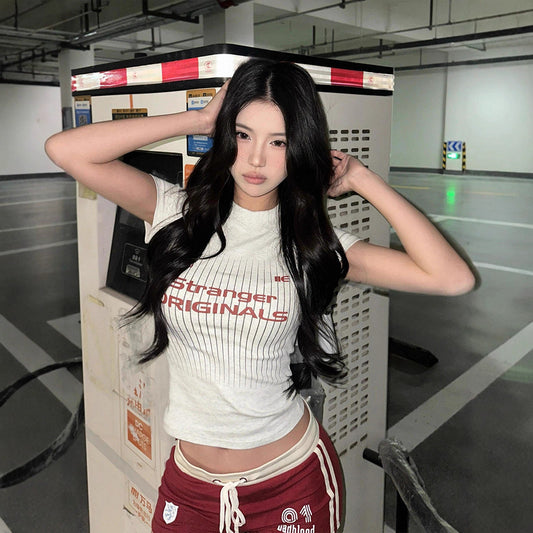 American Vintage Letter Print Short Sleeve T T-shirt New Summer Round Neck Slim Fit Design Versatile Top ins