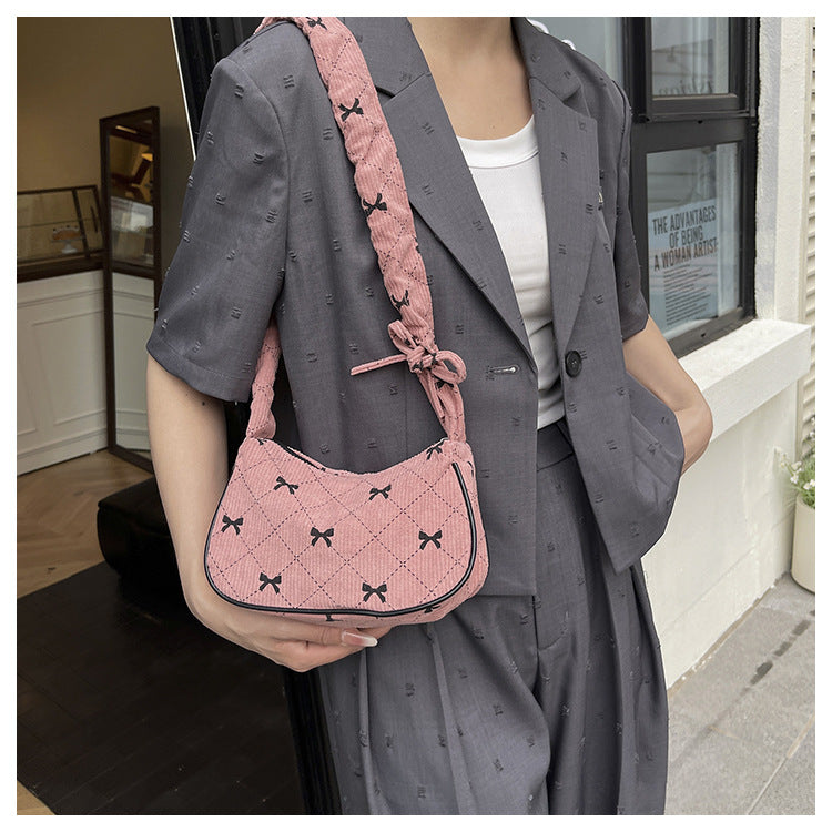 Sweet Bow Plaid Single Shoulder Underarm Crescent Bag2024Autumn new simple casual large capacity handbag