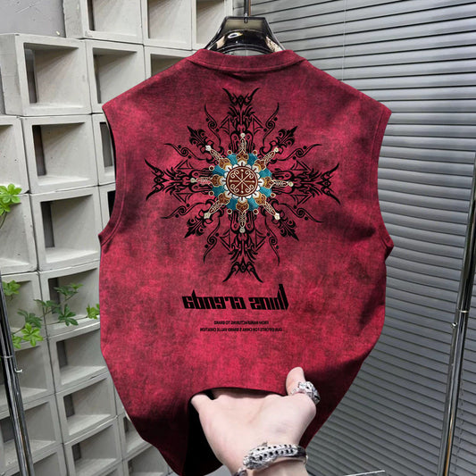 American Style Trendy Brand Fashion2025Fashionable Men's Sleeveless Vest t T-shirt Summer Tie-dye Printed Loose Vest Top
