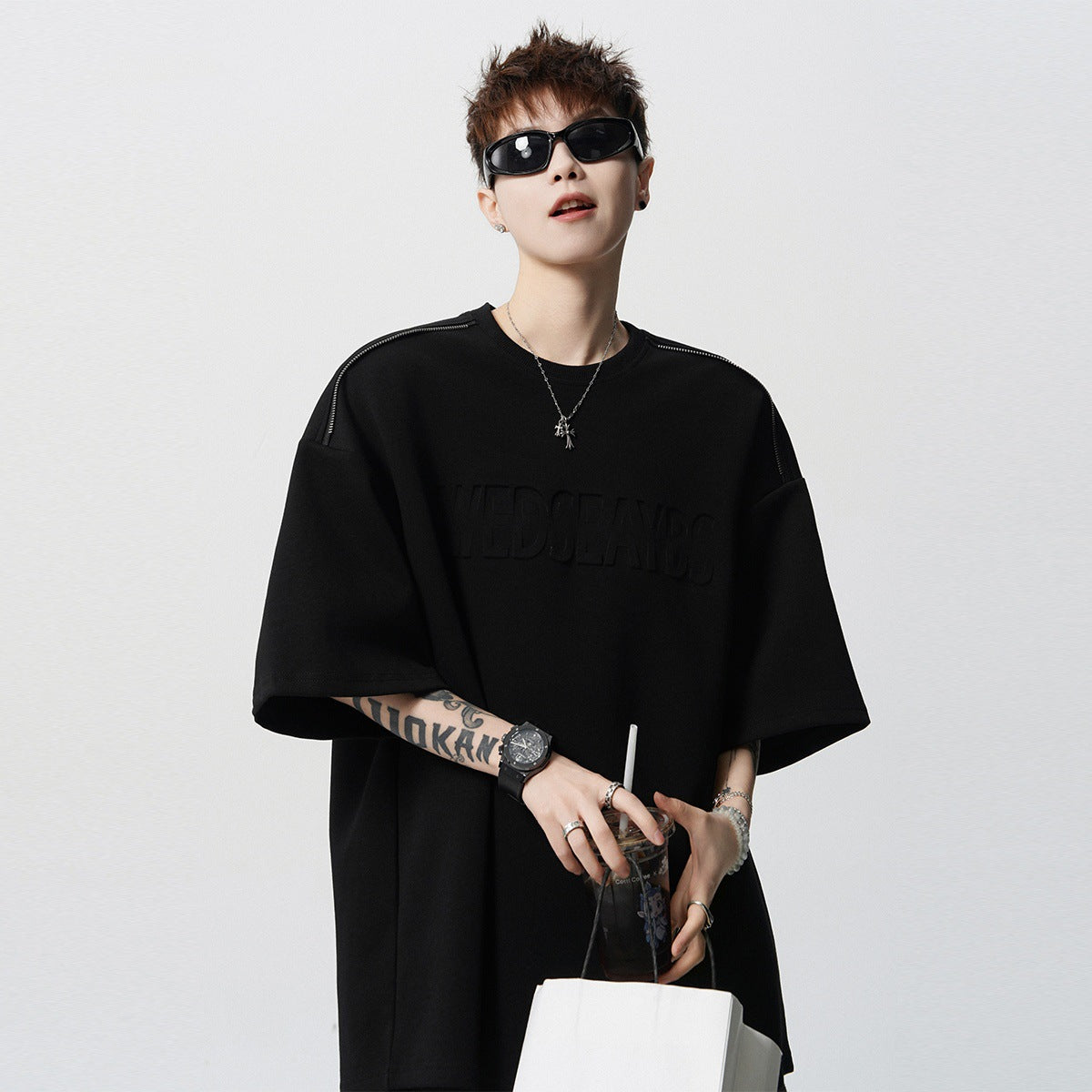 Heavy Short Sleeve t Men's T-shirt2025New Summer Outfit Letter Print Loose Casual Round Neck Short Sleeve T-Shirt ins