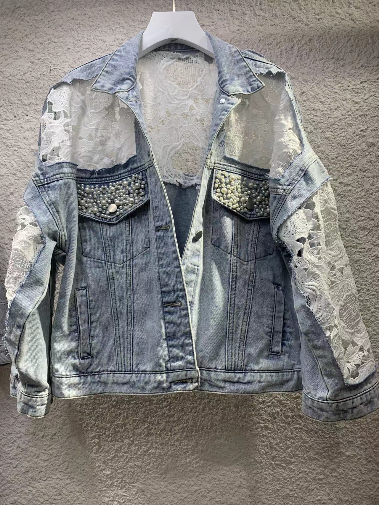 2024Spring and Autumn New Loose Versatile Sunscreen Mesh See-through Lace Embroidered Short Denim Jacket for Women Trendy Top
