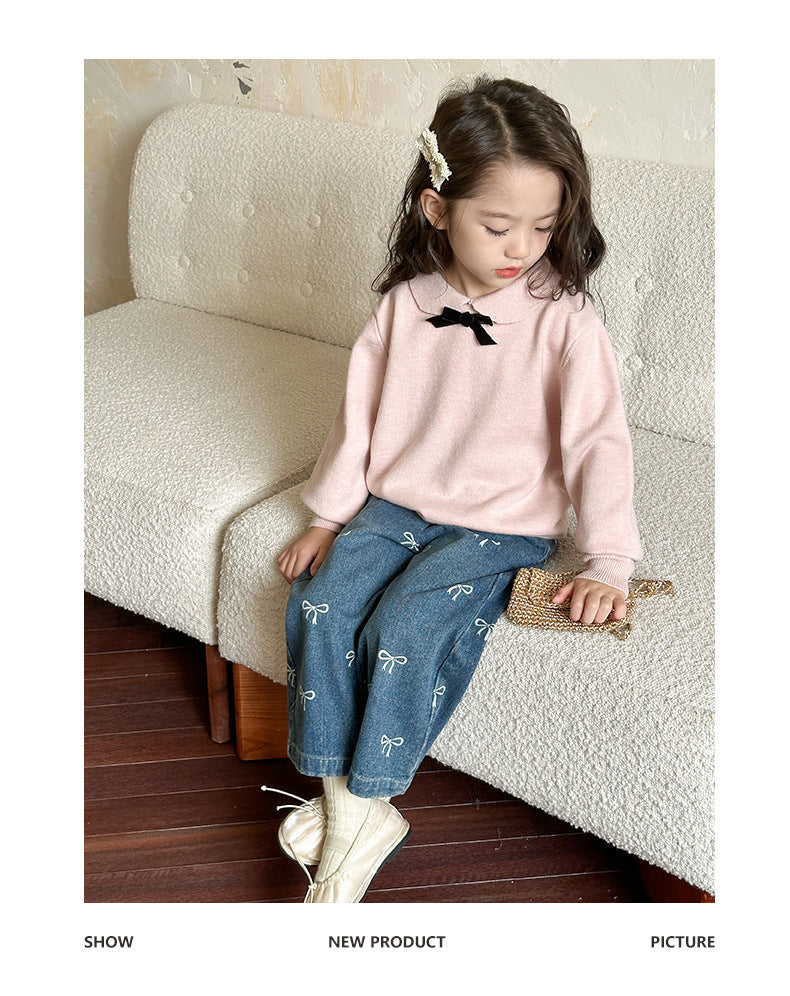 Girls' Pants Bowknot Print Jeans Wide Leg Straight2025Autumn New Fashionable and Stylish for Girls and Young Children