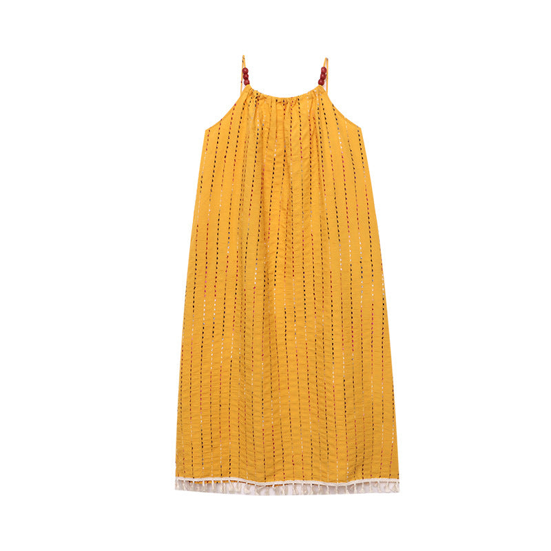 Sinan At dusk and sunset Full Grid Line Beach Vacation Tassel Beaded Strap Dress SN7536