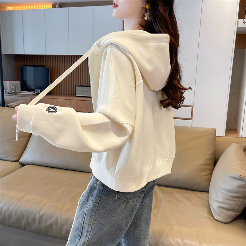 Spring and Autumn Short Hooded Sweatshirt Jacket for Petite Women, New Thin Loose Stylish Zipper Cardigan for Autumn and Winter