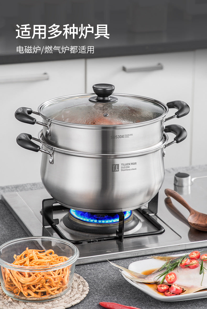 304Stainless Steel Soup Pot for Home Use, Non-Coated Instant Noodle Pot, Double Ear Small Pot, Steamer, Special for Gas and Induction Cookers