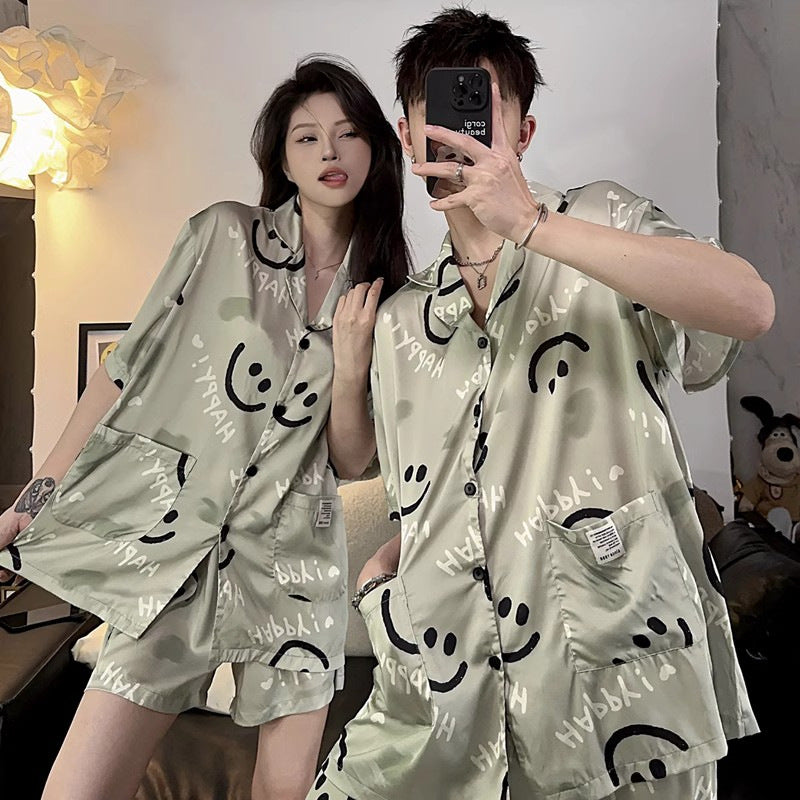 Wholesale Thin Couple Pajamas for Women Spring Autumn Summer Ice Silk Homewear Summer Men's Hot Short Sleeve Shorts Set