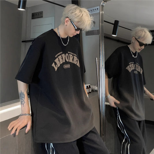 New Retro Heavyweight t Men's Washed Vintage Coffee Gradient Short Sleeve Summer Trendy Brand European and American Street Style Three-quarter Sleeve