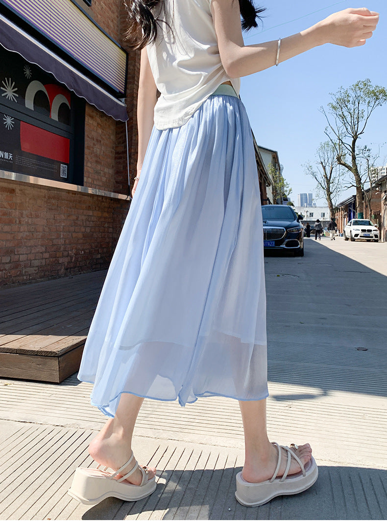 High-end Flowing Sheer Skirt for Women in Summer2025New Style Glassy Sheer Large Hem Mid-Length Draped a Women's pleated skirt