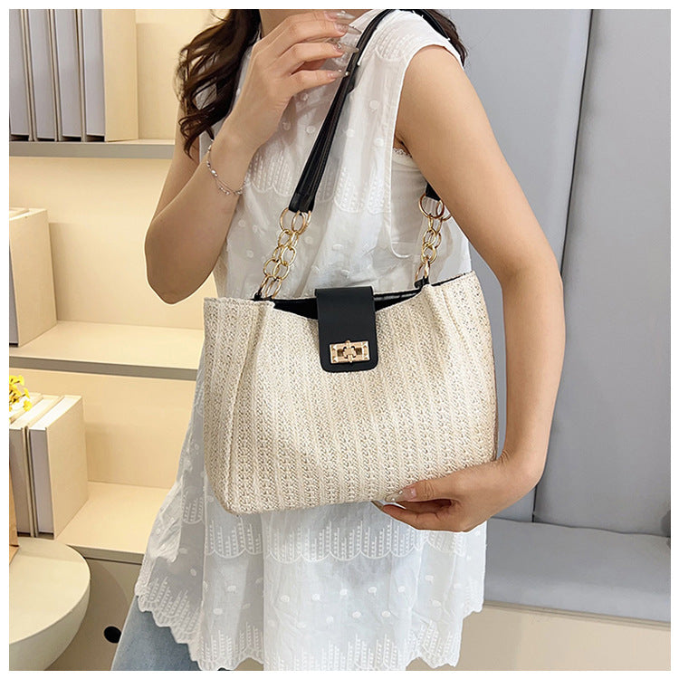 2025Women's Spring New Small Chanel Style Bag for Work Commute Versatile Straw Woven Large Capacity Wide Shoulder Strap Women's Single Shoulder Bag
