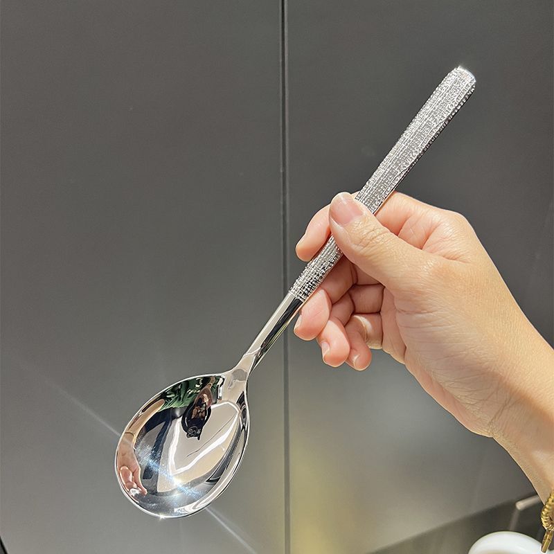 Korean Style Ice Pattern Spoon Soup Spoon Stainless Steel Hammered Long Handle Spoon Dining Western Soup Spoon Student Spoon Adult Rice Spoon