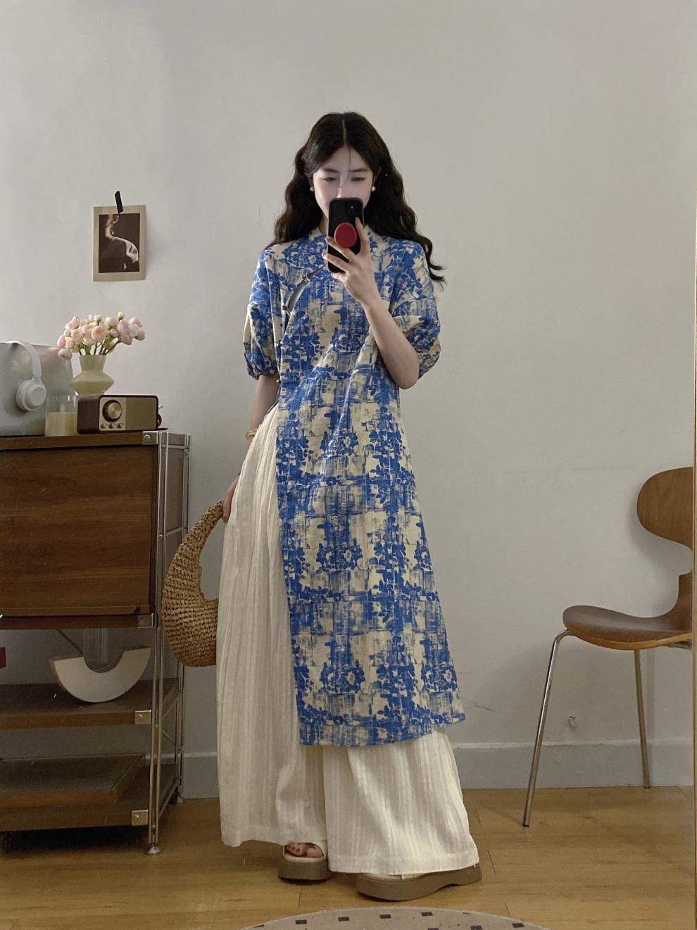 New Chinese Style National Style Set Gentle Temperament Super Beautiful Blue Floral Long Top Casual Long Pants Two-Piece Set