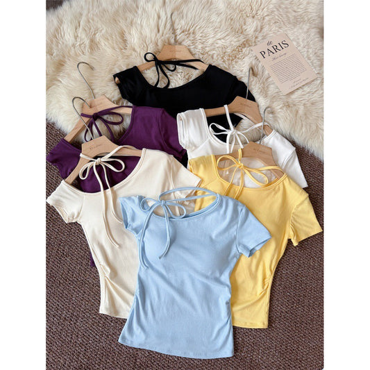 Purple Sexy Off-Shoulder Lace-Up Short Sleeve T Women's Summer Slim Fit Waist-Cinching American Style Hot Girl Halter Neck Top