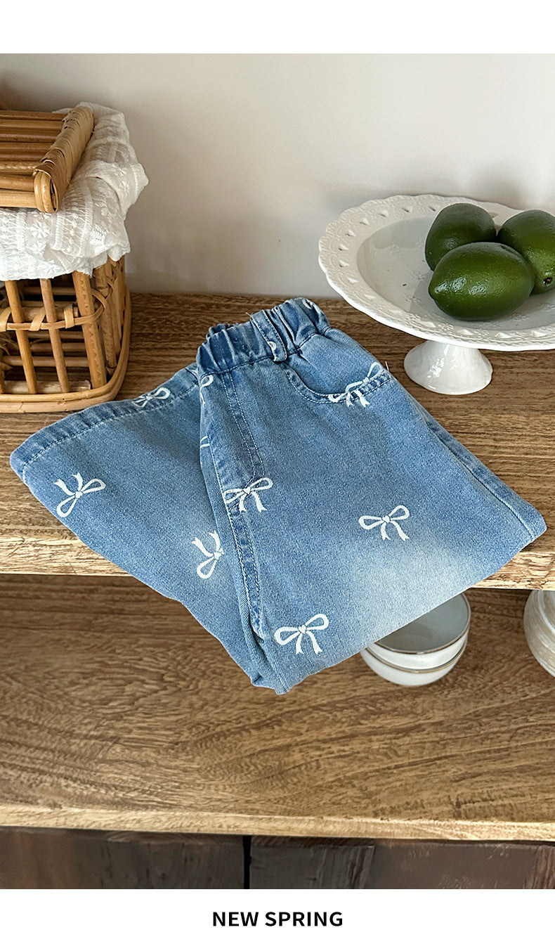 Girls' Pants Bowknot Print Jeans Wide Leg Straight2025Autumn New Fashionable and Stylish for Girls and Young Children