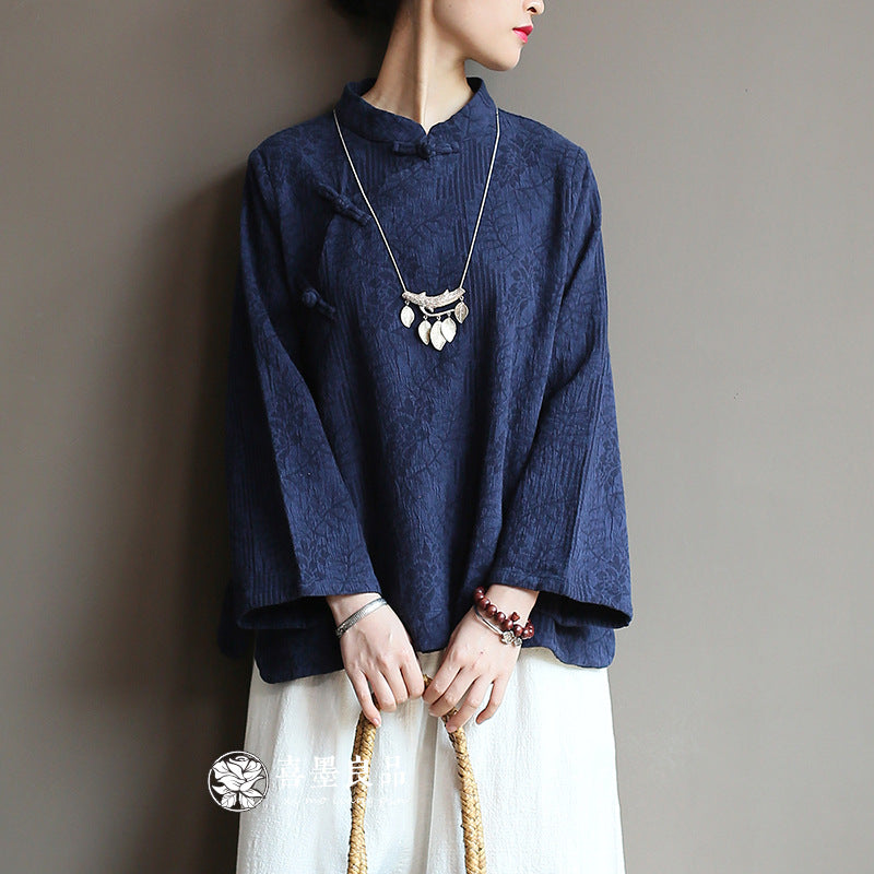8813Xi Mo Women's Clothing Republic of China Retro Artistic Spring and Autumn New Double Layer Jacquard Button Shirt Chinese Style Short Top