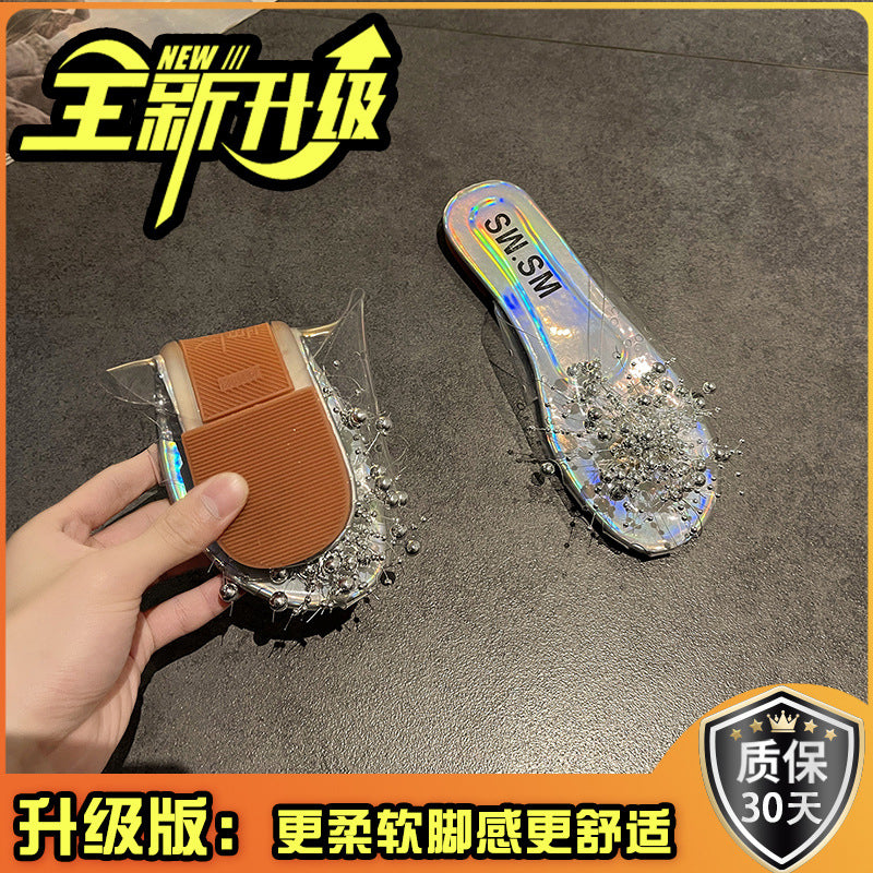 Sparkling Silver Transparent Beaded Closed-Toe Mules for Women2024Summer Internet Celebrity Super Popular Sandals Slippers