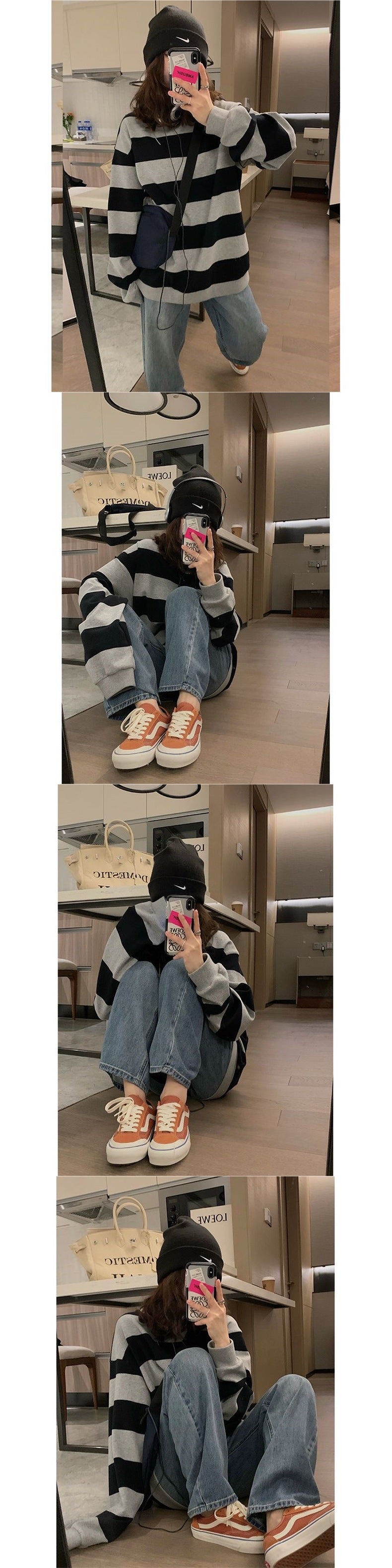 Striped Sweatshirt for Back-to-School Season Spring and Autumn oversize Black and Gray Women Slimming Loose Lazy Couple Student ins Tide