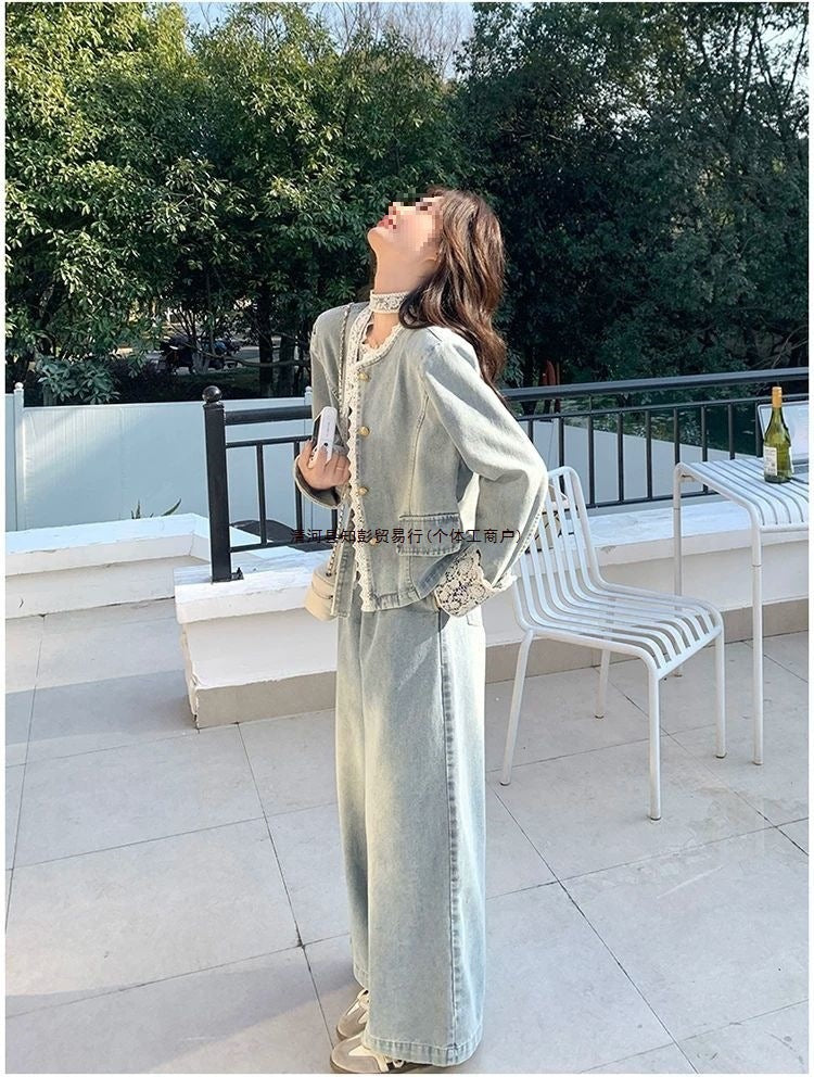 Lace patchwork denim wide-leg pants set for women spring and autumn2025The new two-piece set is absolutely stunning and super trendy