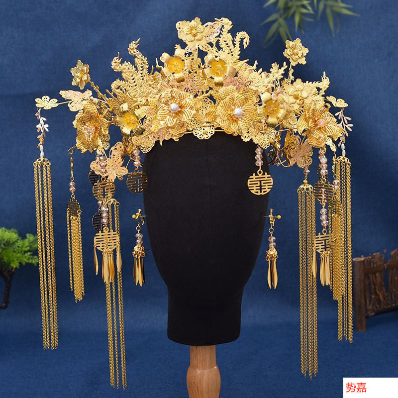 Bridal Hair Accessories Set Tiara Versatile Qing Dynasty Style Xiuhe Costume Crown Veil Hair Accessories Makeup Gold