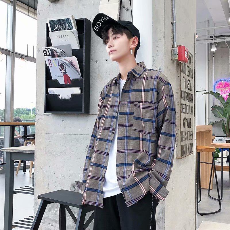 2025Plaid Long Sleeve Shirt Men Korean Version Slim Fit Youth Trendy Handsome Shirt Couple Casual Thin Shirt
