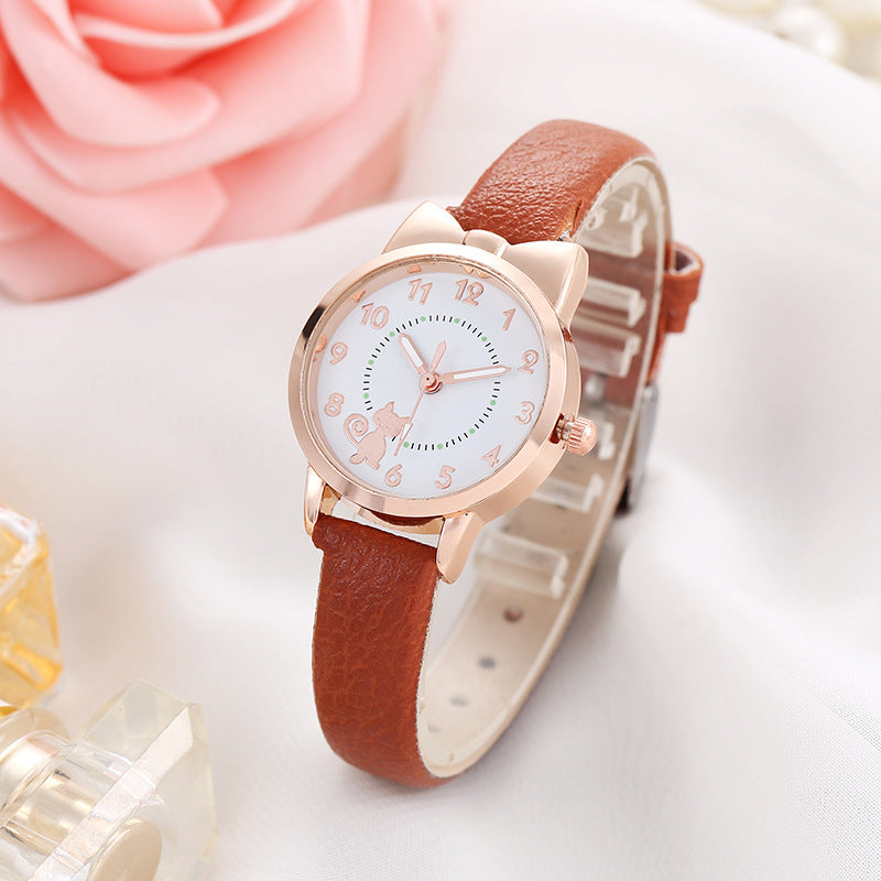 Cross-Border Hot-Selling Children's Watch for Girls with Cute Bowknot, Digital Kitten Design, Student Watch, In Stock for Wholesale